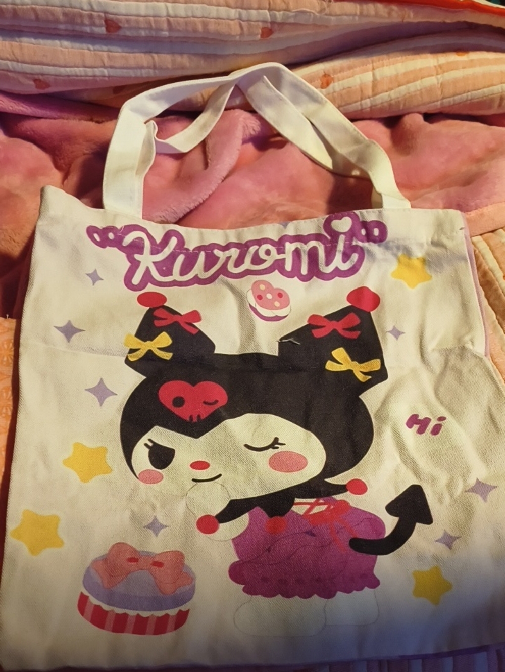 Kuromi White Canvas Tote Bag with Pink and Black Character Print